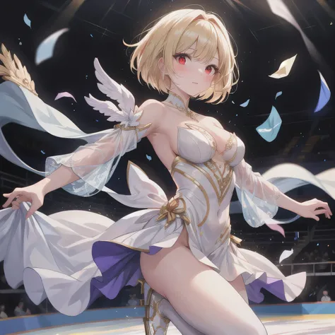 A breathtakingly beautiful 20-year-old woman glides dynamically across the ice rink, dressed in an exquisitely detailed and elegant figure skating costume. Her graceful movements exude both power and finesse as she carves intricate patterns into the ice. T...