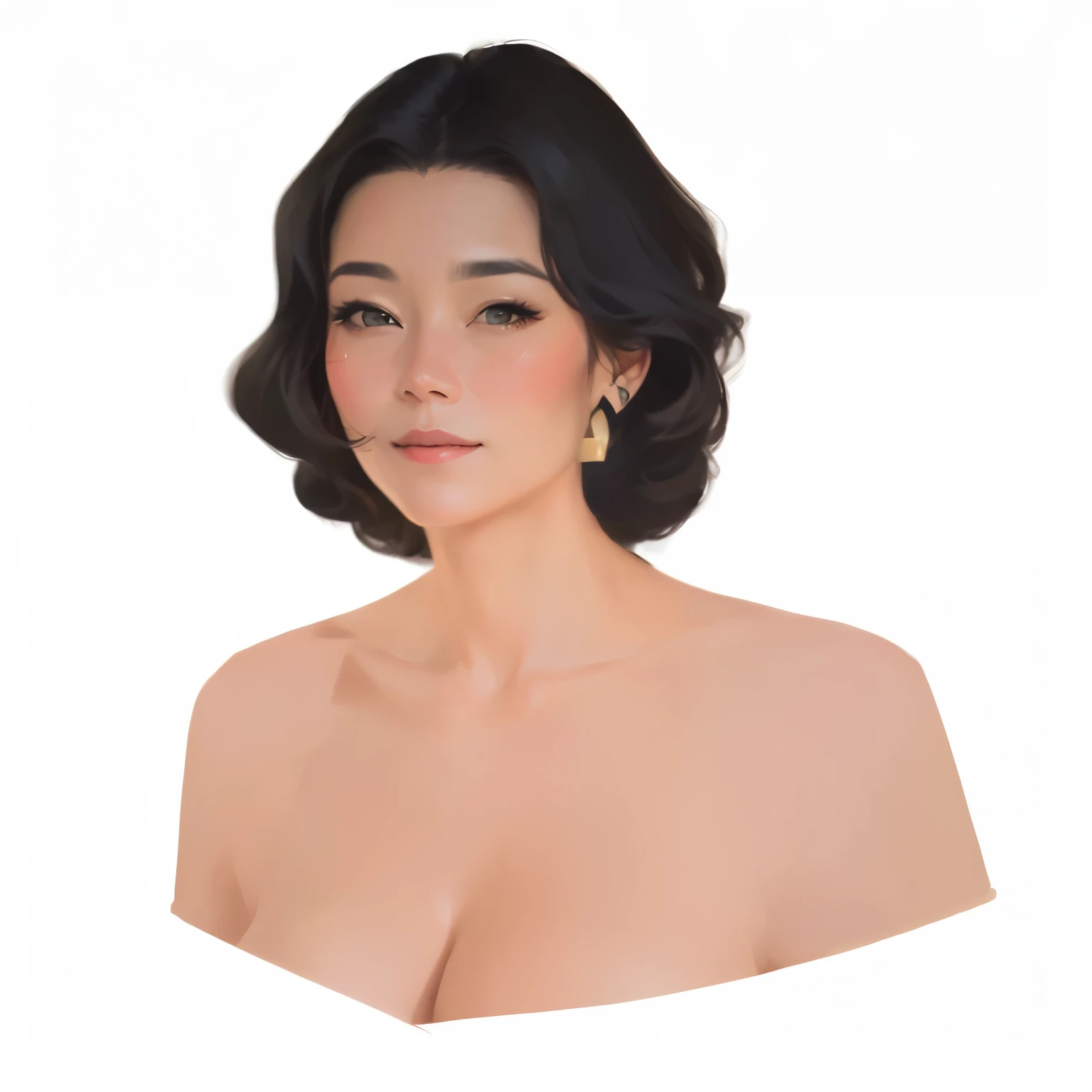 a close up of a mother with a black hair and a white shirt, halfbody portrait,old age with black hair, half body portrait, upper body portrait, hair floating covering chest, half-body portrait, south east asian with round face, vector style drawing, digita...