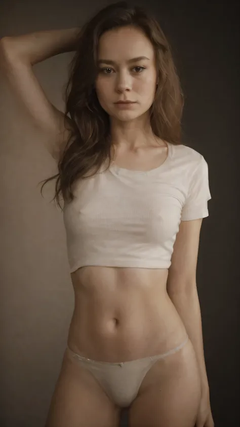 a 20 years old woman, brie larson, long straight brown hair, white short-sleeve t-shirt, black underwear, sensual expression, straight posture, arms reaching, cinematic lighting, 8k, detailed, photorealistic, portrait, studio lighting, dramatic, warm color...