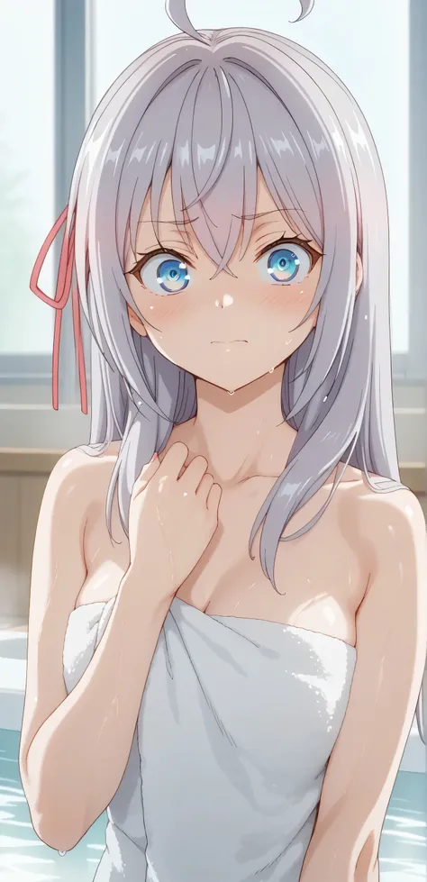 Upper body, score_9, score_8_up, score_7_up, source_anime BREAK 1girl, alya_def, solo, looking at viewer, blush, embarrassed, hair ribbon, pink ribbon, wide-eyed, meme, ((Body towel)), Japanese bath room, wet, 