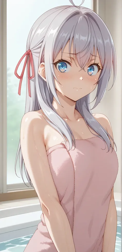 Upper body, score_9, score_8_up, score_7_up, source_anime BREAK 1girl, alya_def, solo, looking at viewer, blush, embarrassed, hair ribbon, pink ribbon, wide-eyed, meme, ((Body towel)), Japanese bath room, wet, 