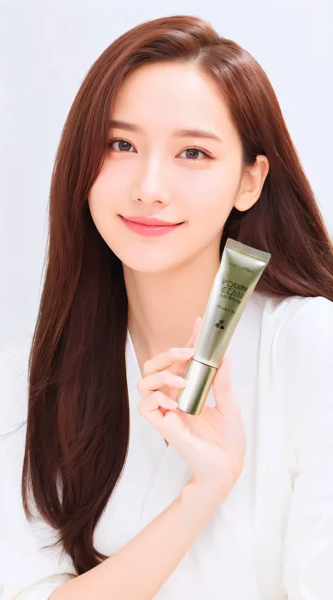 arafed woman holding a tube of cream and a tube of cream, popular south korean makeup, popular korean makeup, jaeyeon nam, jinyoung shin, with shiny skin, innocent look, heonhwa choe, detailed image, smooth glowing skin, smooth porcelain skin, shiny gloss...