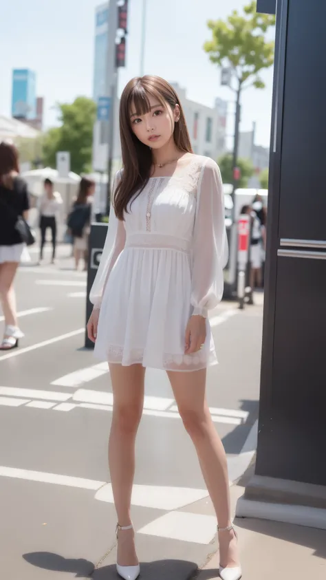 high color pass, wearing a white summer dress