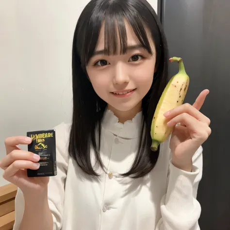 She is holding a banana with its peel partially removed, revealing the white fruit inside. She is eating the exposed white part. Black hair, long hair, black eyes. smile. 