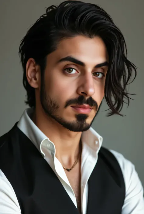 A masterfully crafted, highly detailed, and professional portrait of a strikingly handsome young man with deep brown eyes and thick, naturally arched eyebrows. His well-groomed beard is precisely shaped, accentuating his chiseled jawline and balanced facia...