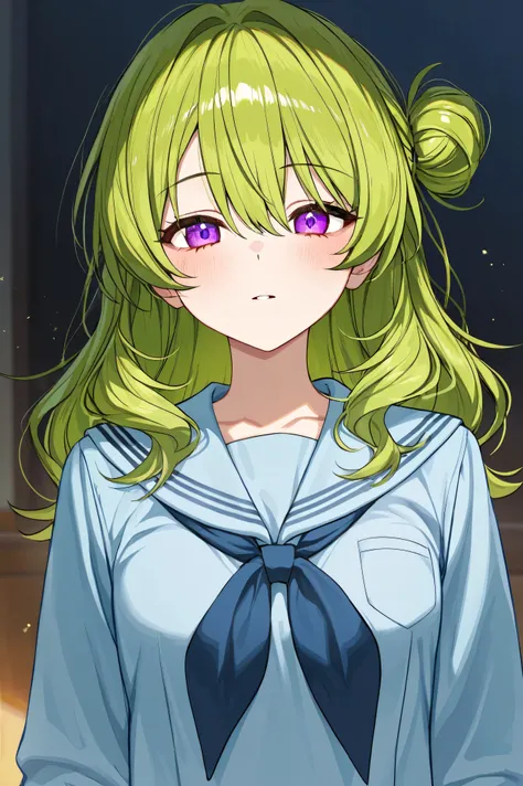 A woman with long, messy dark-lime green hair with a light blue school uniform and a watch. She is a very beatiful girl.