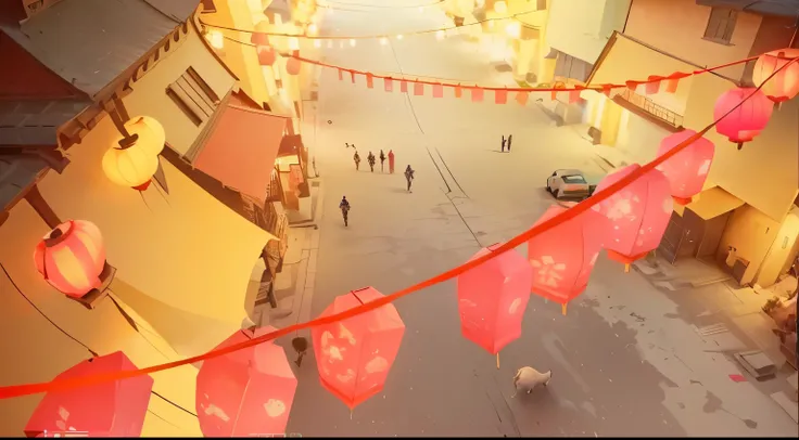 have many red paper lanterns hanging on a line above the streets，  Animated Movie Stills ， Animated illustration style， Keyframes，  Animated Movie Stills ， Animation stills 中国古代城市，Chang'an Street，screencap， Keyframes 插图，  a very coherent stylized work of a...