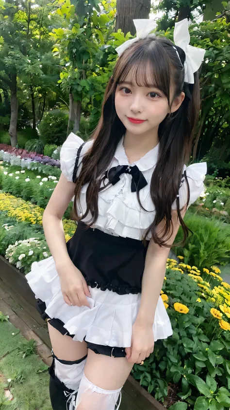 (8k、RAW Photos、Highest quality、masterpiece:1.2)、(realistic、realistic)、1 person、((Black and white、garden、ribbon、Frills、mini skirt、Thin legs、whole body、boots、View from the front、Looking into the camera、Stand with hands on hips))、cute、Smiling