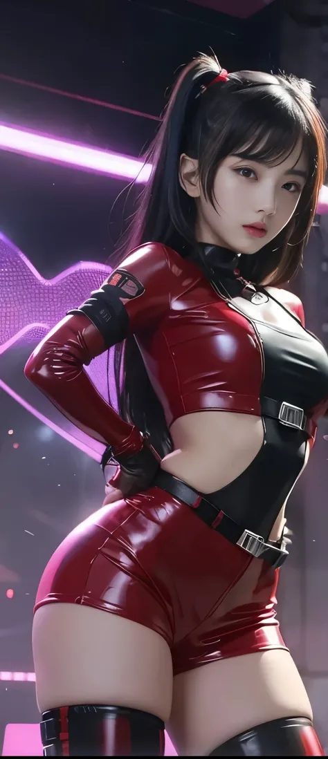 pure cyberpunk idol girl、A pure girl's face、 hypo、、Red Latex Tight Shorts 、、Glowing Cyberblade、Cyber Belt、