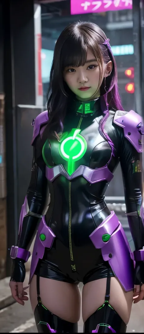 Flashy Cyberpunk Idol Girl、A pure girl's face、 hypo、、fluorescent green and purple armor uniform、、Glowing Cyberspire、Cyber Belt、