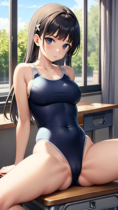 one-peace swimsuit,spread legs,sitting,on desk,school swimsuit,classroom,window