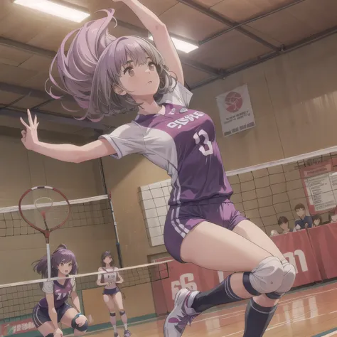 A breathtakingly beautiful 20-year-old woman soars into the air on a volleyball court inside a brightly lit gymnasium, preparing to spike the ball with precision and power. Her athletic form is accentuated by a sleek, form-fitting uniform, and her intense ...