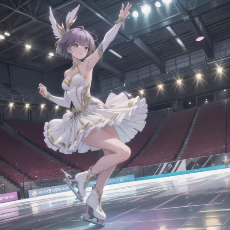 Depict a 20-year-old, stunningly beautiful woman gracefully gliding across the ice in a grand skating arena. She wears an elegant and intricately designed figure skating dress, adorned with shimmering details that reflect the arena lights. Her expression i...