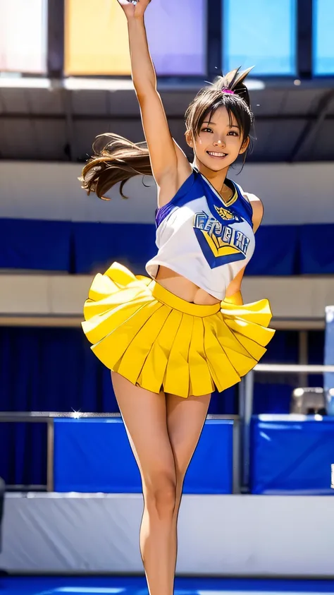 one girl, (18 year old girl), (A girl performing cheerleading dance in mid-air during a split jump), ((Highest quality)), ((masterpiece)), (detailed), ((very detailed face)), High resolution photograph, Good light, (realistic photo shoot:1.1), (Beautiful D...