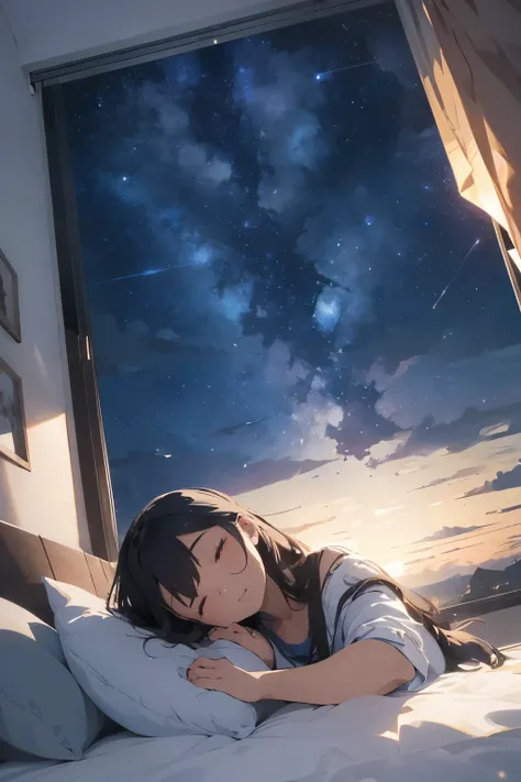 A beautiful girl with long hair, sleeping in the sky and listening to music, is with a starry sky when looking out the window. The picture is a wide angle, seen lying on the bed by the window, a cartoon style picture of the 90s.
