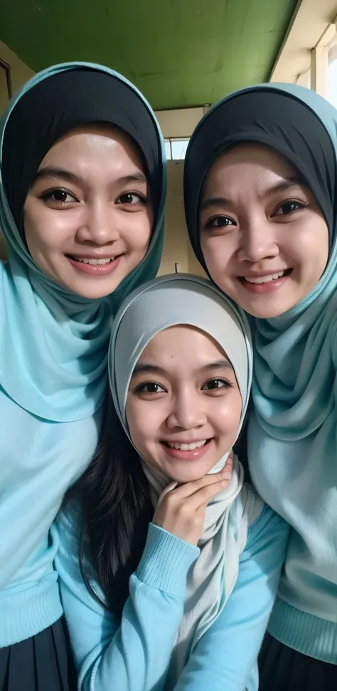 ((Triplets malay beautiful girls:1.4)), cute, slim, thin, bedroom, ((glasses)), ((long black hair:1.1)), white skins, (happy smile, laughing: 1.1), 8k, RAW portrait of malay girls with pompom plain hijab, 80mm, ultra high resolution, top quality, break wea...