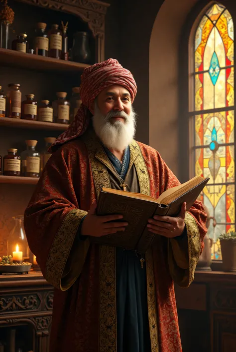 **Prompt:** Envision a richly detailed scene set in a medieval herbalist's chamber, where the air is fragrant with the earthy scents of dried herbs and obscure botanicals. The dimly lit space is curated with ornate wooden shelves, overflowing with jars of ...