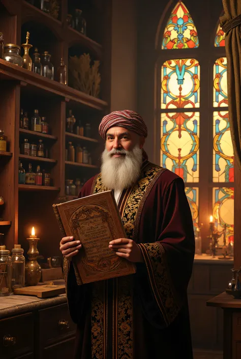 **Prompt:** Envision a richly detailed scene set in a medieval herbalist's chamber, where the air is fragrant with the earthy scents of dried herbs and obscure botanicals. The dimly lit space is curated with ornate wooden shelves, overflowing with jars of ...