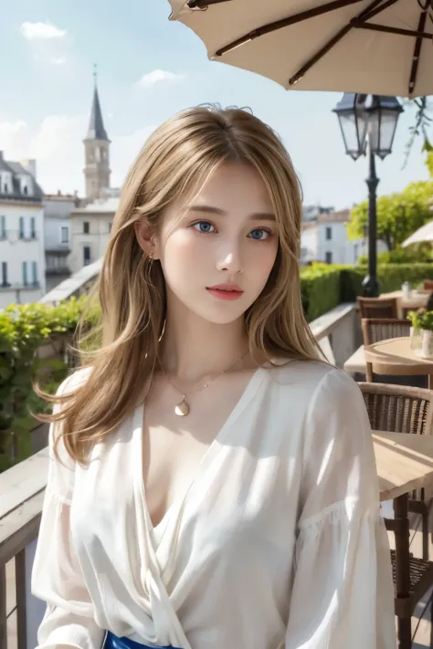 masterpiece, Highest quality, realistic, Very detailed, Finer Details, High resolution, 8k wallpaper, 、A beautiful white woman、,Wear a nice blouse, On the terrace of a lovely cafe, 、blue eyes、、blond hair hair、 、Wavy Hair、Hairstyle medium long、、  in the ear...