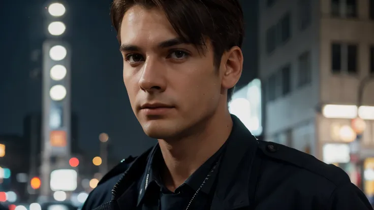 ((high quality)), ((masterpiece)), ((dramatic lighting)) very good colors 8k ultra HD --ar 16:9 --in 6.0 young male police officer 35 years old, athletic, with short brown hair, in a classic police uniform. serious facial expression, confident posture . hi...