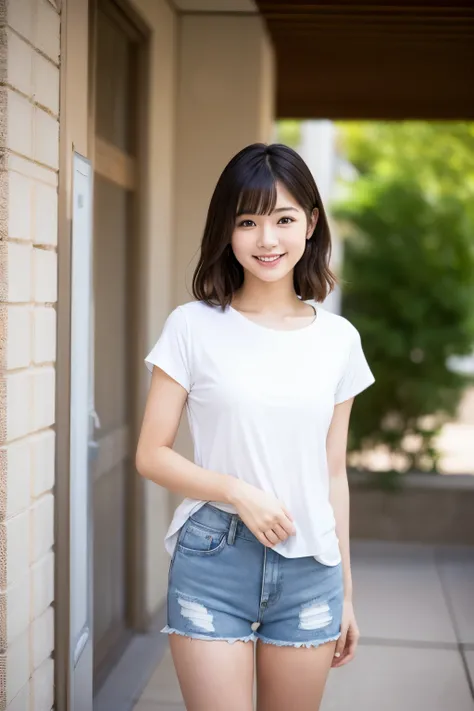 Japanese idol from 1980s, beautiful young female (18-22), standing, (full body shot:1.2), natural glossy makeup, (tucked-out white T-shirt), blue denim hot pants, white sneakers, looking at viewer, feeling love, shy smile, front view, soft focus lighting, ...