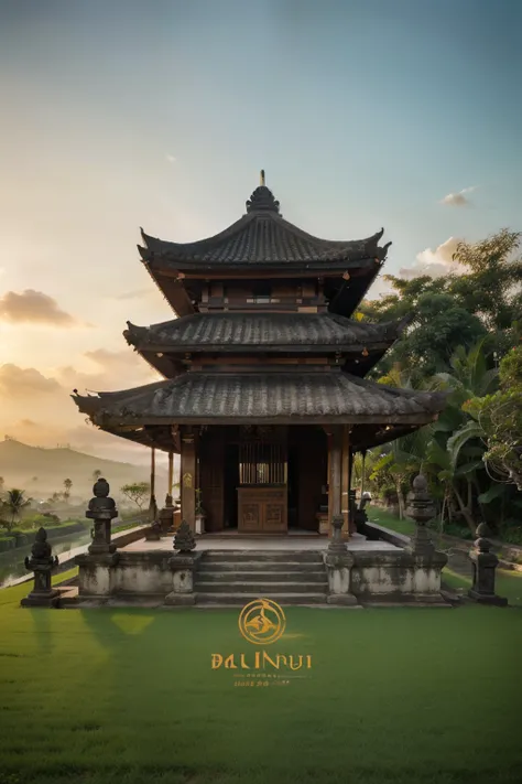 "An illustrative logo depicting the beauty of Bali. In this design, there is a typical Balinese view against the backdrop of majestic mountains, green terraced rice fields, and beautiful beaches with soft waves.  in the center , there is an iconic temple i...