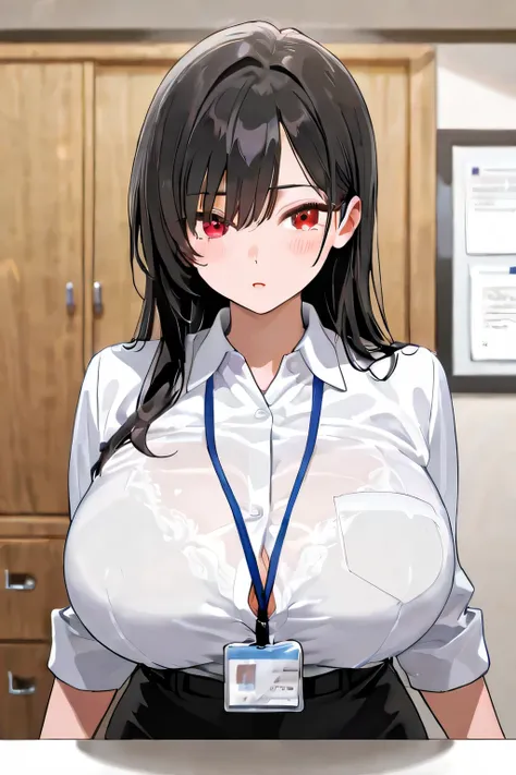 Girl, black long hair, red eyes, big breast, office outfit, mama