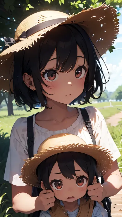 Brown-skinned boys, scared, asking for help, with big brown eyes. Short, disheveled hair. They wear straw hats. Dressed in old country clothes. Looking at the screen, surrounded by nature.