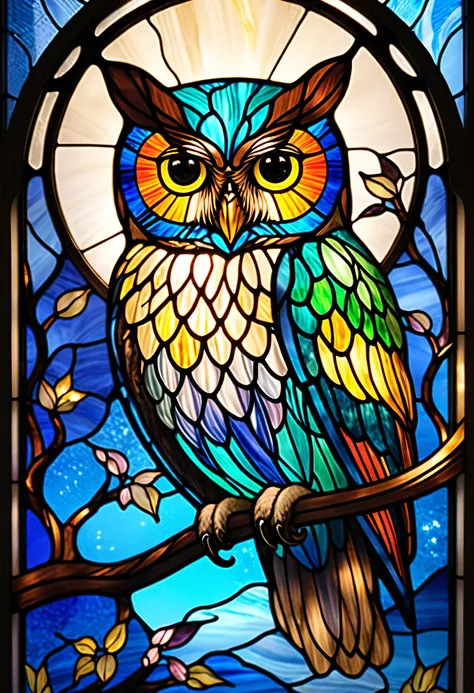 close-up of colorful owls illuminated on a moonlit night、Stained Glassアート、Stained Glassスタイル、sparkling stained glass background、owl-themed、colorful stained glass、gothic stained glass style、backlit stained glass、complex stained glass、Stained Glass、psychedeli...