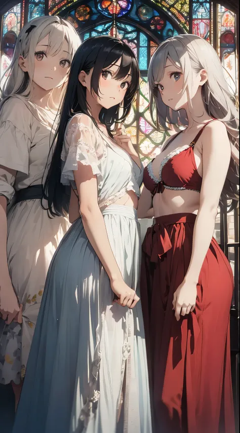 Prompt:
Two young and beautiful Japanese women wearing red bikinis stand gracefully in front of a stunning stained glass backdrop. Their silver hair is rendered with delicate texture, and the soft, colorful light from the stained glass gently envelops them...