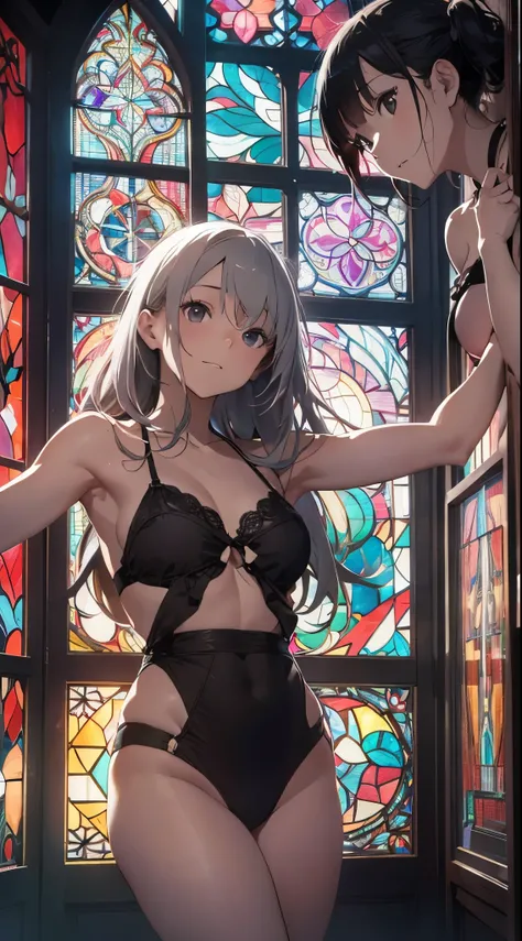 Prompt:
Two young and beautiful Japanese women wearing red bikinis stand gracefully in front of a stunning stained glass backdrop. Their silver hair is rendered with delicate texture, and the soft, colorful light from the stained glass gently envelops them...