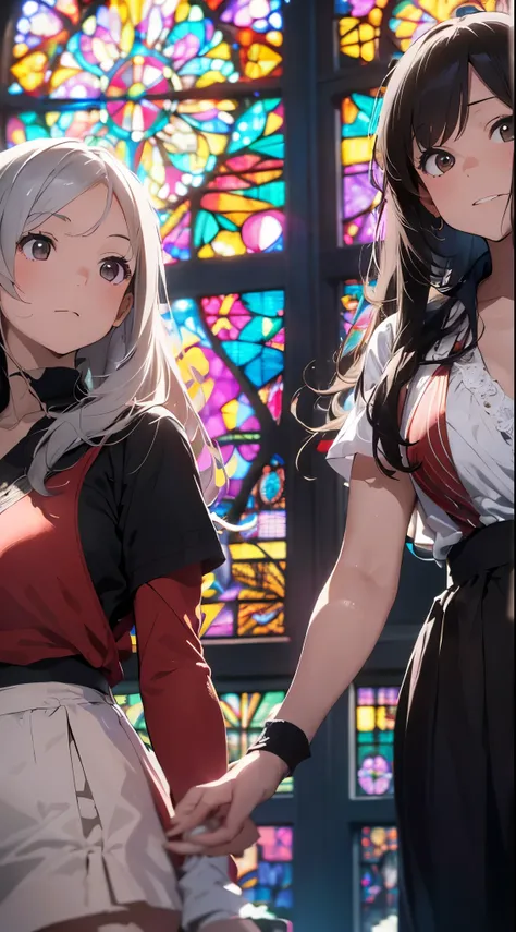 Prompt:
Two young and beautiful Japanese women wearing red bikinis stand gracefully in front of a stunning stained glass backdrop. Their silver hair is rendered with delicate texture, and the soft, colorful light from the stained glass gently envelops them...