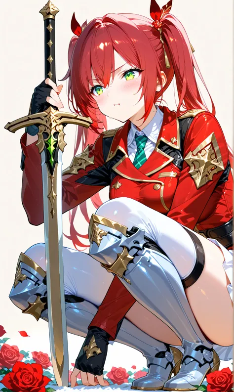 (watercolor:0.4)、( pastel :0.6)、 1girl 、Tie long jet black twin tails with faint red highlights with a ribbon、A knight wearing a red rose military uniform、 green eyes、crouching down in a relaxed position while placing his sword on his side、His cheeks are b...