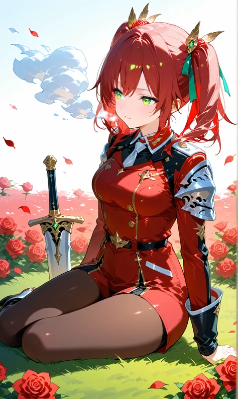 (watercolor:0.4)、( pastel :0.6)、 1girl 、tie long jet black twin tails with faint red highlights with a ribbon、A knight wearing a red rose military uniform、 green eyes。sit on the ground in a relaxed position while placing the sword on its side、Take a deep b...