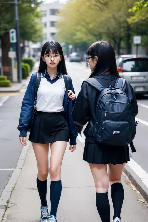 1980 residential sidewalk,masterpiece,8k,(((angle see from the ground))),Angle of two female middle school students from below,age 15,front shot,Watch here,((navy blue student sweater and collared shirt,((Beautiful legs with long thighs)),navy blue micro p...