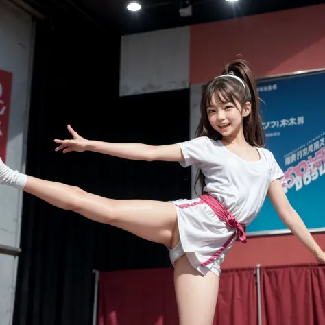 The girl doing high kicks 、A girl raising her legs high、cute Japanese girl、smile、Baby Face