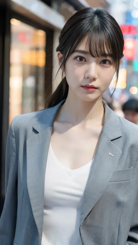 one girl、 masculine style images 、slender on the background,female college student、chest visible、simple background、nipples,open front shirt、bangs、busy street shibuya、spring fashion、business casual