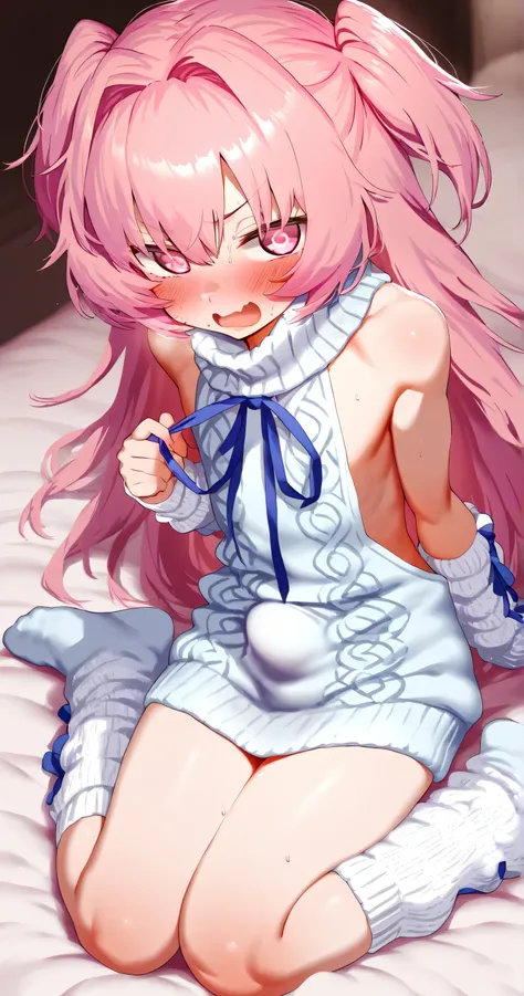 Petite boy, White Virgin killer sweater, arm warmers, blue ribbon, two side up, pink hair, otoko no ko, clutch bulge, wariza 