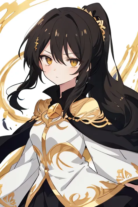 clean anime outlines, highly detailed anime-style illustration of a young woman with long black hair accented with golden streaks, tied back in a simple yet elegant low ponytail. Her bangs naturally frame her face, giving her a cool and confident aura. She...