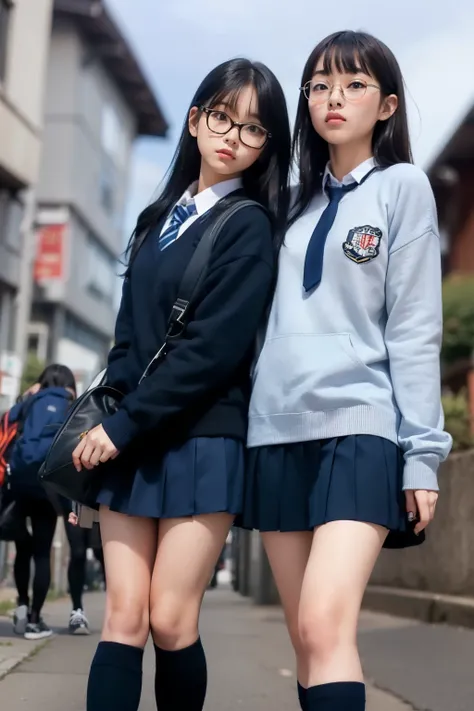 Two people standing on the sidewalk in a 1980 residential area,masterpiece,8k,(((angle see from the ground))),Angle of two female middle school students from below,age 15,front shot,Watch here,((navy blue student sweater and collared shirt,((Beautiful legs...