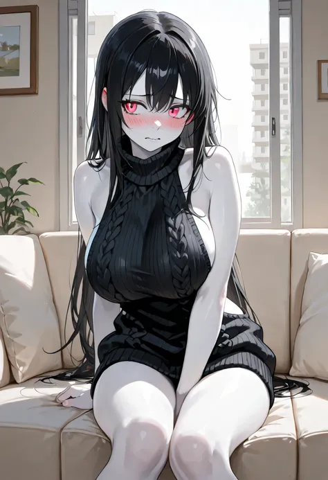 Best quality, masterpiece, girl, full black hair, large breast, virgin killer black sweater, pale white skin, cute white modern apartment living room background, sitting beside a long window, looking straight, embarrassed face, light red eyes