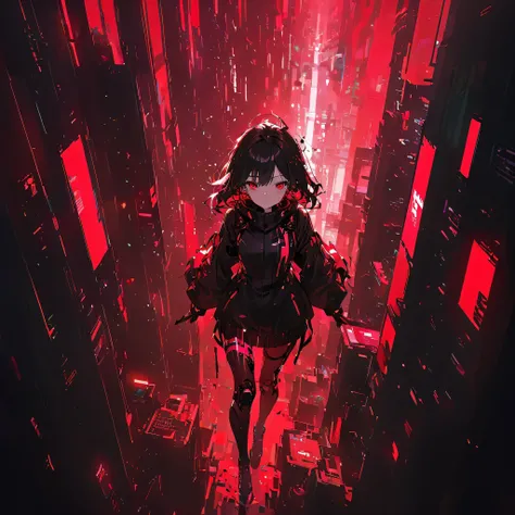 An anime-style girl with long black hair, reflecting intense neon red lights.
Glowing red eyes, possibly cybernetic, with glitch effects or signal distortion, as if malfunctioning.
Face partially fragmented into pixels, breaking into digital data, like she...