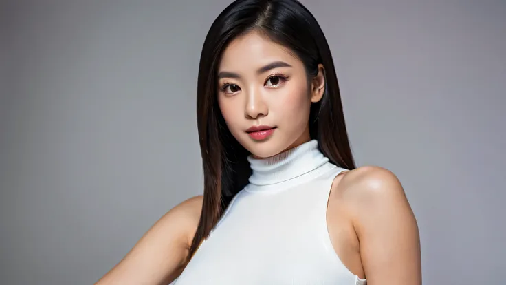 ((detailed,high resolution)),asian cute woman with Perfect Figure, Vivid, white modern sleeveless turtleneck ,studio background,long black hair,photography,
