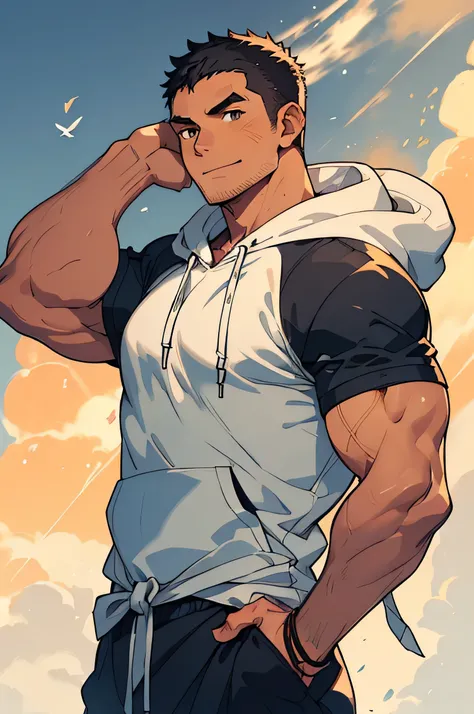 masterpiece, best quality, Ultra High Definition, 1 person, big, strong, Jock, muscular, muscular, only, Jock, beef, high athletic ability, sunburned skin, black髪, (Buzz Cut:1.0), very short hairstyle in the temple, orange eyes, Very fine grain, smile,...