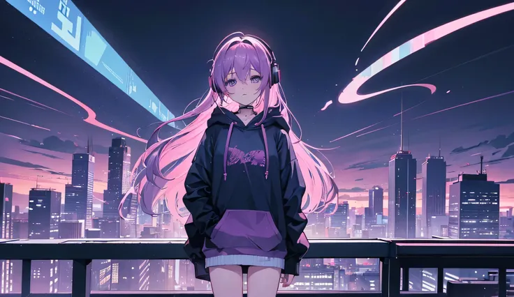 ((best quality)), ((masterpiece)), (detailed), A young woman with headphones, standing on a quiet rooftop at night, singing with deep emotion. Her posture is relaxed, one hand holding the mic while the other rests on her headphones. She wears a cozy oversi...