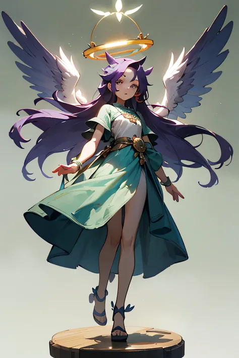  The angel has large wings, halo and a complex hairstyle. She wears complex clothes, consisting of layers of fabric and headbands. The background is a bright green. A slightly lowered head suggests a serene or thoughtful mood. The wings are large and detai...