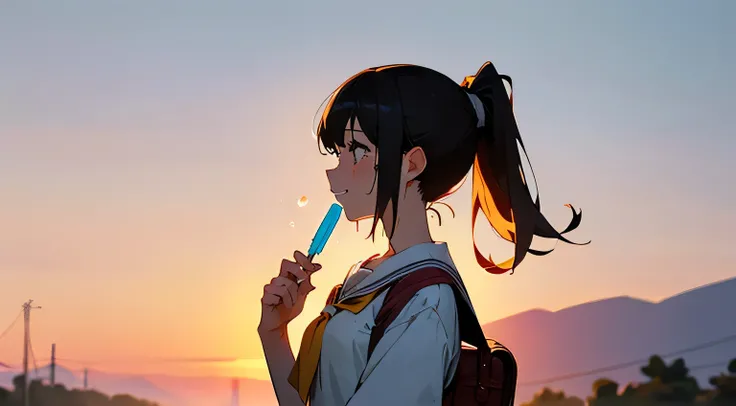 ((highest quality)), ((masterpiece)), ((very detailed)dark-haired girl、ponytail、Country road in the ear of rice、profile、sunset、 school uniform、painful、Hold an ice cream stick in front of your chest、Looks spicy、smiles、Cry a little、Shoulder bag