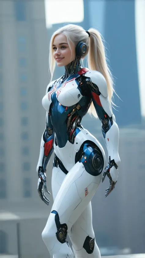 High resolution, 4k, realistic, photo, photo realistic, body shot, spider girl, Cyborg girl with a robotic body, she has one human arm and one robot arm, human Head, Human face, human hair, she wears earphones, facial features defined with high cheekbones ...