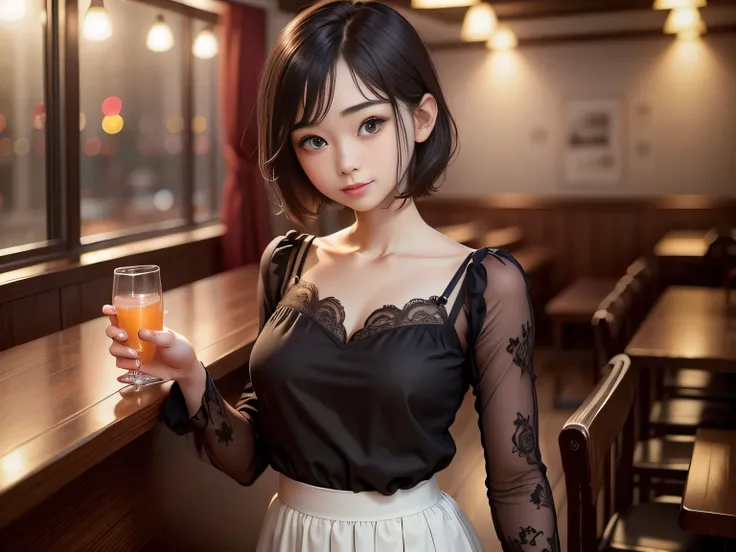 (highest quality, masterpiece, Ultra High Resolution, 8k, RAW photo, realistic, anatomically accurate:1.5), 20 year old girl:1.2, is embarrassing, looks away, :1.0, viewer, ((bar)) 、big window、 night view、 light:1.2, Cinema lighting:1.0, description depth ...