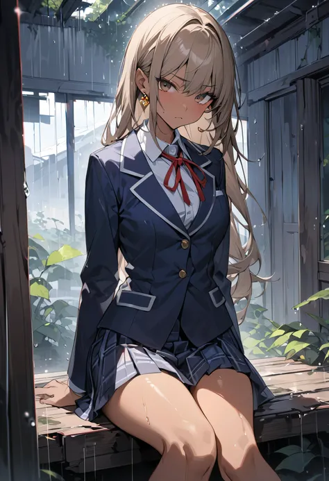 ((greatest masterpiece,Ultra High Quality:1.2)),(super resolution),(solo),cowboy shot,rain,Slender, small-breasted high school girl sitting in an abandoned hut,beautiful face, healthy tan skin ,Light brown long hair,Thin, tall, perfect brown eyes, serious ...